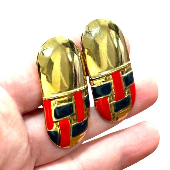 Vintage clip on earrings 1980’s mod goldtone red & navy/black enamel statement - Picture 6 of 6